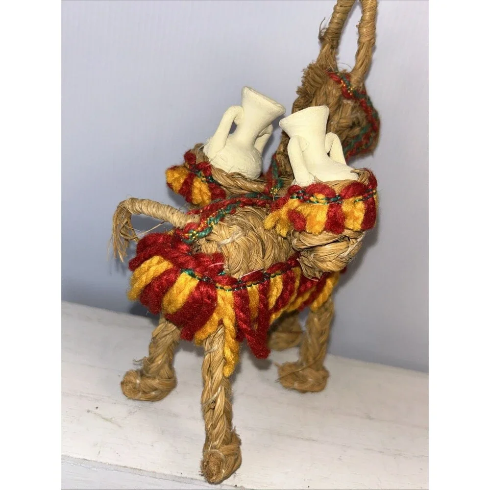 Mexican Woven Straw Donkey Burro w/Clay Pots- Pack Mule Figure Vintage Decor
